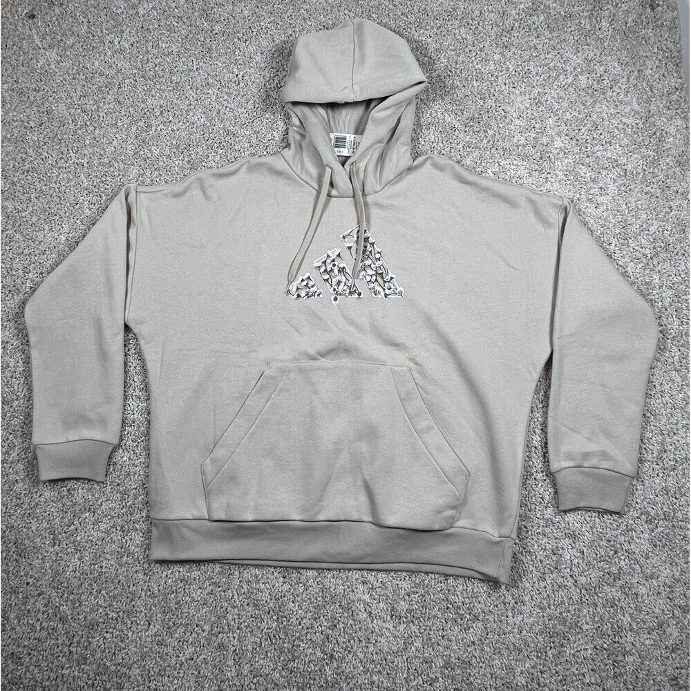Adidas Floral Logo Hoodie XL Light Beige Fleece Pullover NWT